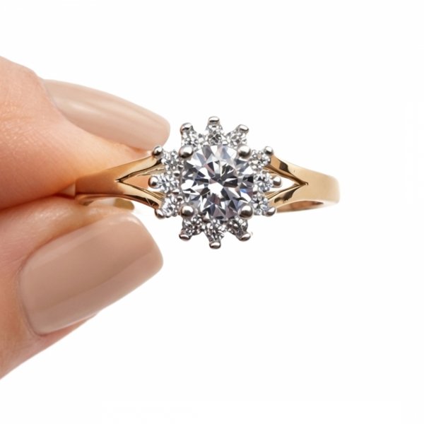 Pierścionek R.13 z kamieniami białe i żółte złoto 375