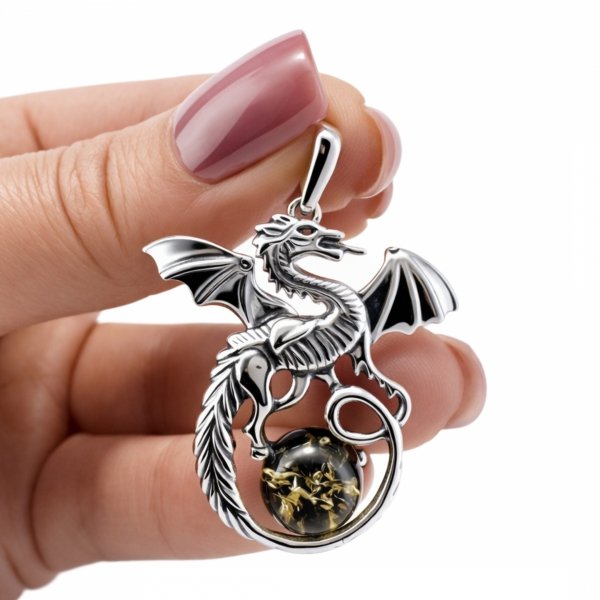 Wisior duży smok bursztyn naturalny srebro 925