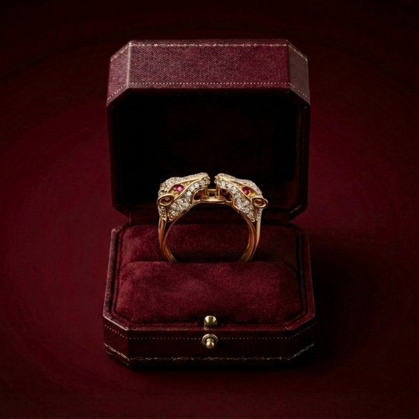 Pierścionek dwie głowy tygrysa złoto 585