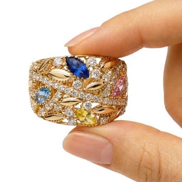 Pierścionek z motywem florystycznym i kolorowymi kamieniami złoto 585 