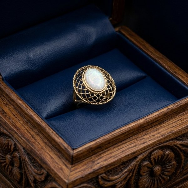 Pierścionek z opalem w ażurowej oprawie ze złota próby 585