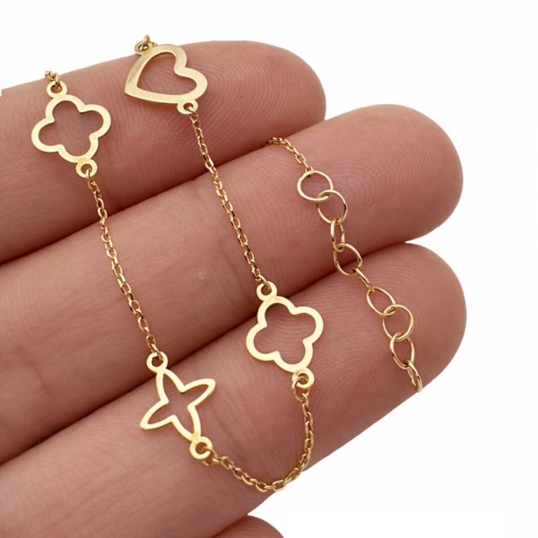 Bransoletka z motywem serca i koniczyny złoto 585 