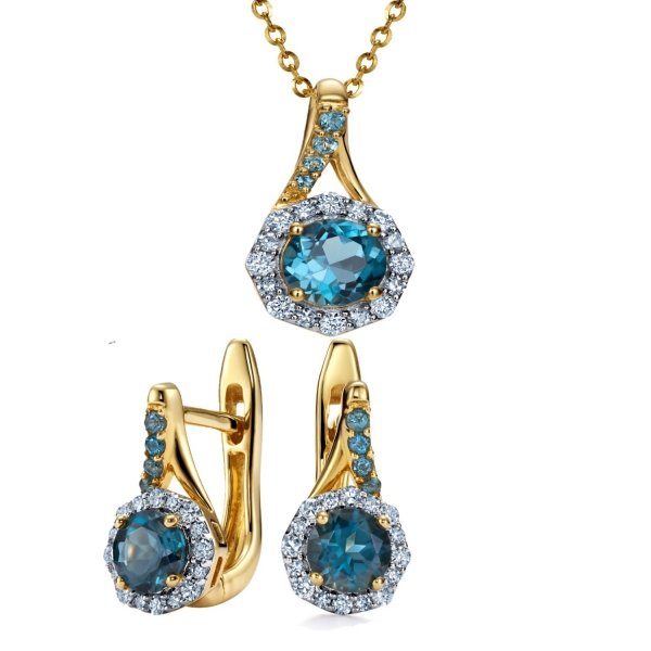 Komplet diament  topaz naszyjnik kolczyki złoto 585 