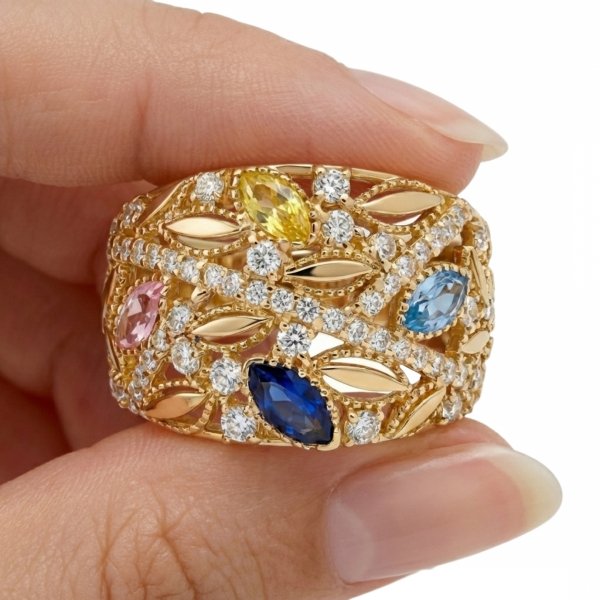 Pierścionek z motywem florystycznym i kolorowymi kamieniami złoto 585 