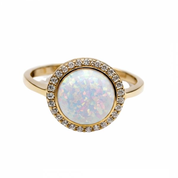 Pierścionek opal otoczony białymi kamieniami złoto 585 