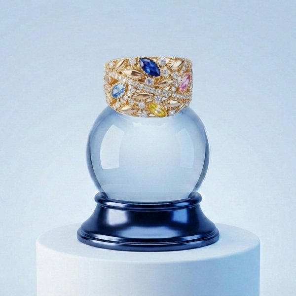 Pierścionek z motywem florystycznym i kolorowymi kamieniami złoto 585 