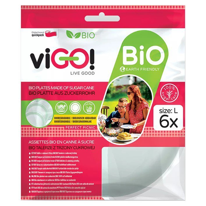 Biodegradowalne talerze z trzciny cukrowej rozmiar L viGO!, 6 sztuk