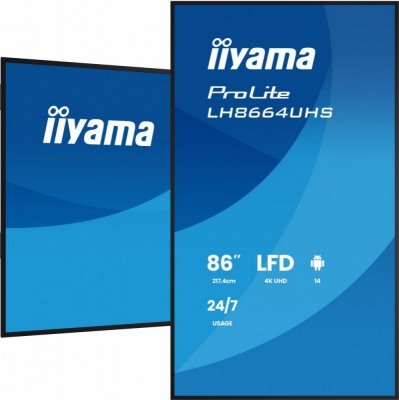 IIYAMA Monitor 86 cali LH8664UHS-B3AG 24/7,IPS,ANDROID 14,4K,2xHDMI,RJ45,    2xUSB,WiF,iUSB-C(DP-Alt),2x16W, iiSignage? (CMS), iiControl (DMS),iiShare,    ES