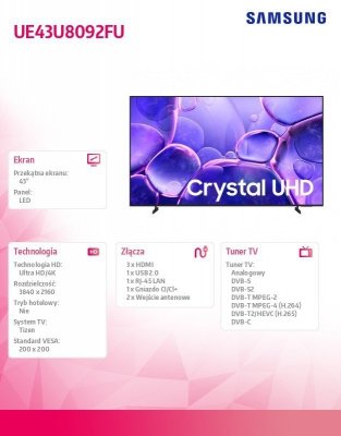 Samsung Telewizor LED 43 cale UE43U8092FUXXH