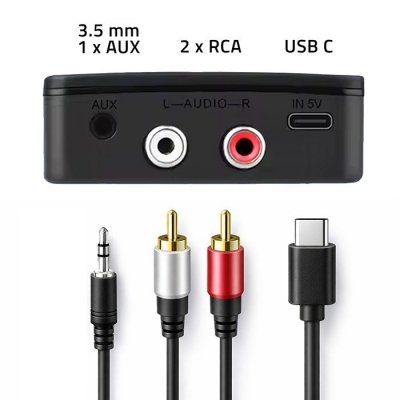 Qoltec Bezprzewodowy transmiter odbiornik Audio HiFi Home&Car | Bluetooth 6.0 | NFC | 2 x RCA | 1 x AUX MiniJack 3.5mm | Mikrofon