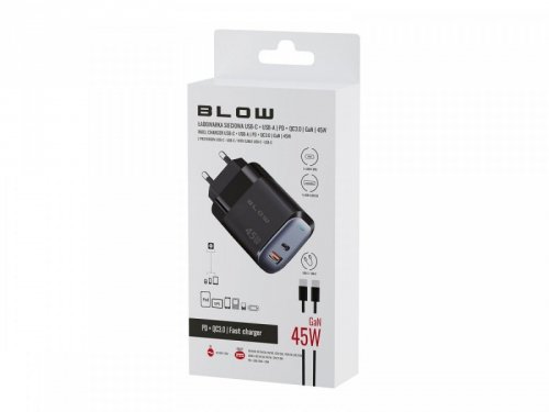 BLOW Ładowarka sieciowa gniazdo USB + USB-C PD 45W + kabel