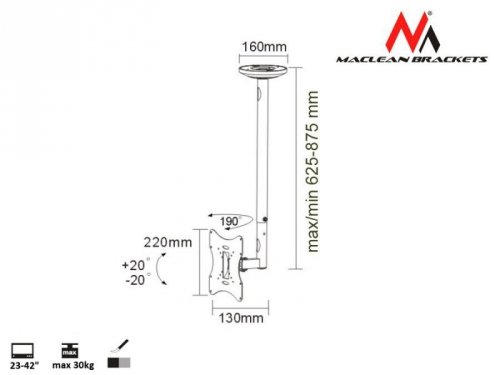 Maclean Uchwyt do telewizora sufitowy 23-42&quot; 50 - 85 cm 30kg MC-504A B srebrny TV