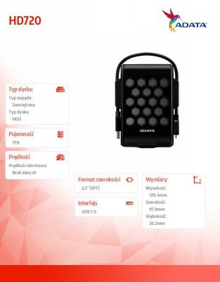 Adata DashDrive Durable HD720 1TB 2.5'' USB3.0 Czarny