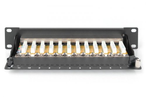 Digitus Patch panel 10 cali 12 portów, kat.6, S/FTP, 1U, wspornik kablowy, czarny (kompletny)