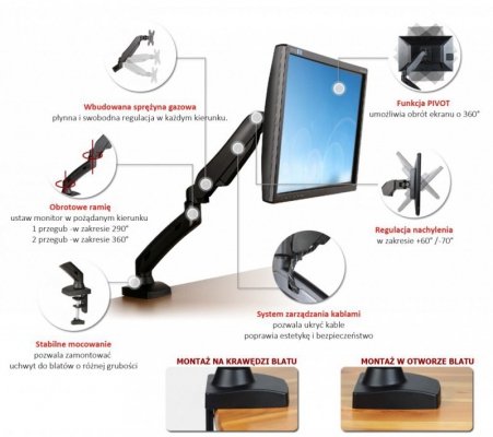 ART Uchwyt biurkowy na sprężynie gazowej do 1 monitora LCD/LED 13-27 cali            L-11GD
