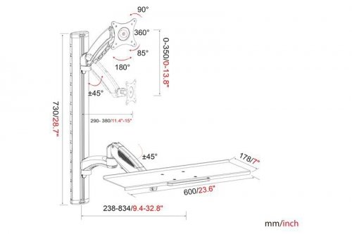 Digitus Ramię naścienne pojedyncze, 1xLCD + klawiatura, max. 27 cali, max. 8kg, uchylno-obrotowe 360° (PIVOT)
