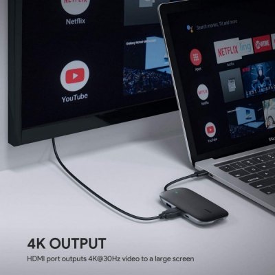AUKEY CB-C71 aluminiowy HUB USB-C | 8w1 | RJ45 Ethernet 10/100/1000Mbps | 3xUSB 3.1 | HDMI 4k@30Hz | SD i microSD | USB-C Power 