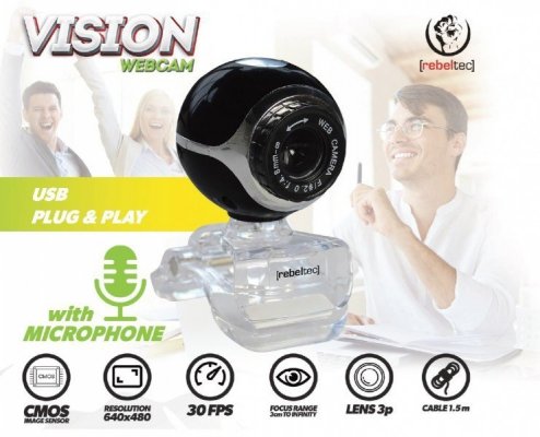 Rebeltec Kamera Internetowa VISION typ sensora CMOS rozdzielczość 640x480, Focus:od 3cm do nieskończoności, 30 klatek/s, wbudowa