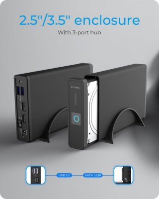 IcyBox Obudowa IB-382H-C31 2,5/3,5 HDD z wbudowanym HUB 1xUSB-C, 2xUSB -A,  12V2A