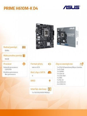 Asus Płyta główna PRIME H610M-K D4 s1700 2DDR4 DP/HDMI M.2 mATX