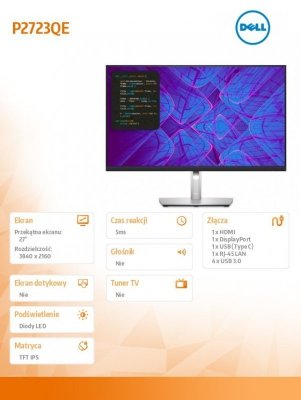 Dell Monitor P2723QE 27 IPS LED 4K  (3840x2160)/16:9/HDMI/DP/USB-C/4xUSB 3.2 /RJ45/3Y AES