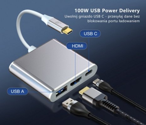 TB Adapter USB C 3w1 - HDMI, USB, PD srebrny