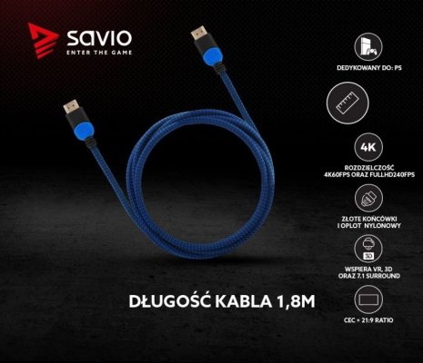 Savio Kabel HDMI 2.0 dedykowany do Playstation niebiesko-czarny 1,8m, GCL-02