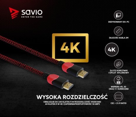Savio Kabel HDMI 2.0 dedykowany do PC czerwono-czarny 3 m, GCL-04