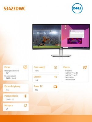 Dell Monitor S3423DWC 34 cali Curved AMD FreeSync VA LED 100Hz WQHD (3440x1440)/2xHDMI/USB-C/USB/Anti-glare 3H hardness/3Y AES&amp;P