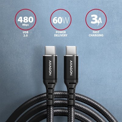 AXAGON Kabel BUCM-CM20AB USB-C USB-C 2.0, 2m, PD 60W, 3A, ALU, oplot Czarny