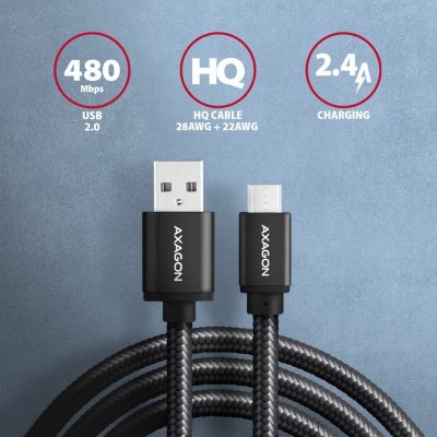 AXAGON Kabel BUMM-AM15AB Micro USB  USB-A, 1.5m, USB 2.0, 2.4A, ALU, oplot, Czarny