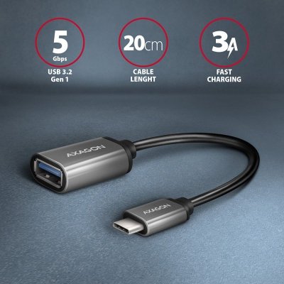 AXAGON Kabel adapter RUCM-AFAC USB 3.2 Gen 1 Type-C samiec -&gt; Type-A żeńska, 0,2m, 3A, ALU