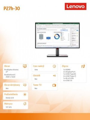 Lenovo Monitor ThinkVision P27h-30 27 cali  63A1GAT1EU