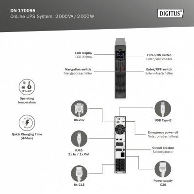 Digitus Zasilacz awaryjny UPS Online Rack 19 cali LCD, 2000VA/2000W, 4x12V/9Ah, 8xC13, USB, RS232, RJ45