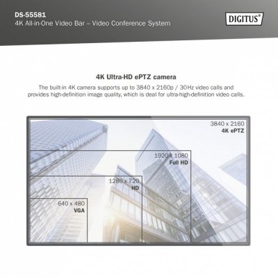 Kamera Digitus System wideokonferencji 4K ePTZ szeroki kąt 90° Sensor 3.0&#039;&#039; 8MP Hi-Fi, 2 mikrofony, pilot
