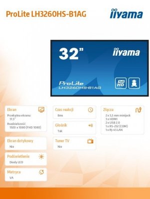 IIYAMA Monitor Digital Signage, wielkoformatowy 31.5 cala LH3260HS-B1AG matowy 24h/7  