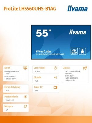 Monitor wielkoformatowy Digital Signage 55 cale IIYAMA   LH5560UHS-B1AG matowy 24h