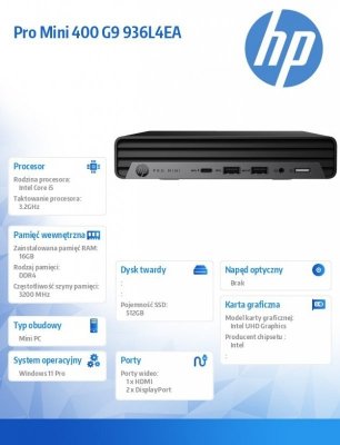 HP Inc. Komputer 400Mini G9Ri5-13500T 16GB/512GB/W11P  936L4EA