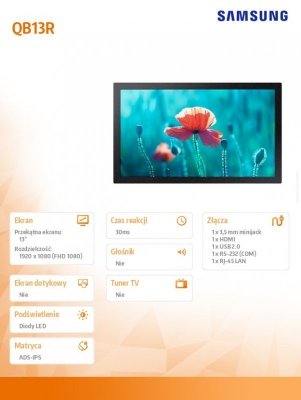 Samsung Monitor profesjonalny  QB13R 13 cali Matowy 16h/7 300(cd/m2) 1920x1080 (FHD) S6 Player Wi-Fi 3 lata d2d (LH13QBRMBGCXEN)