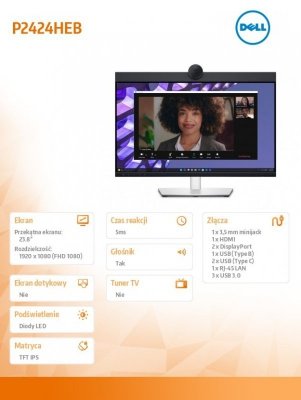 Dell Monitor P2424HEB 23.8 cala LED  IPS Full HD (1920 x1080)/16:9/HDMI/DP/ RJ-45/Kamera/Głośniki/Mikrofon/3YPPG