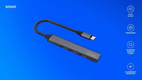 Savio Hub 4 porty USB-C - 3 x USB-A 2.0, 1 x USB-A 3.1 3.1 GEN 1, 5 Gbps, AK-71