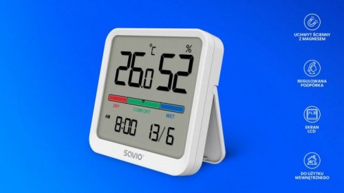 Savio Czujnik temperatury i wilgotności, do użytku wewnętrznego, ekran LCD, zegar, data, uchwyt z magnesem, CT-01/W Biały
