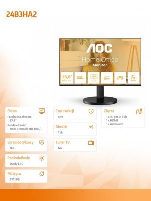  AOC Monitor komputerowy komputerowy 24B3HA2 23.8 cala IPS 100Hz HDMI Głośniki