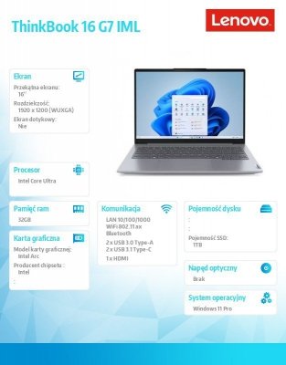 Lenovo Notebook ThinkBook 16 G7 21MS0081PB W11Pro Ultra 7 155H/32GB/1TB/INT/16.0 WUXGA