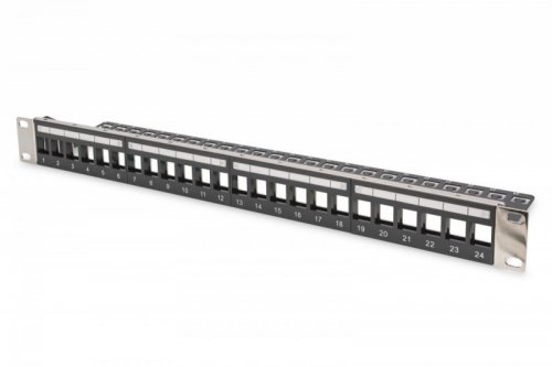 Digitus Panel krosowy (patch panel) modularny 19&quot; 24 porty pod moduły keystone, 1U, ekranowany, prowadnica kabli, wymienne pola opisowe Czarny
