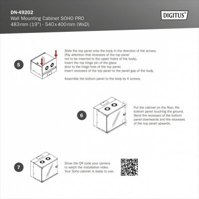 Digitus Szafa sieciowa wisząca 19 cali 7U, SOHO PRO 370 x 540 x 400 mm, nośność 60kg, drzwi szyba, niezłożona Szara