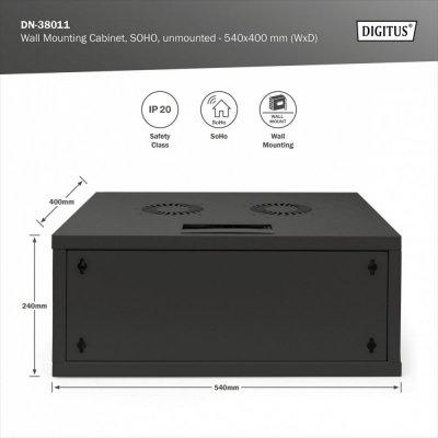 Digitus Szafa sieciowa wisząca 19 cali 4U, SOHO 241 x 540 x 400 mm, nośność 60kg, drzwi szyba, niezłożona, Czarna