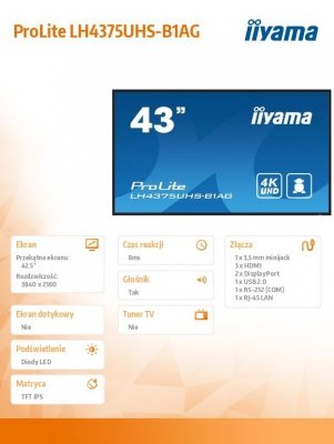 IIYAMA Monitor 42.5 cala ProLite LH4375UHS-B1AG,24/7,IPS,ANDROID 11