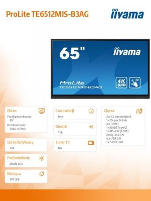 IIYAMA Monitor interaktywny 65 cali ProLite TE6512MIS-B3AG,40pkt,IPS,4K,24/7