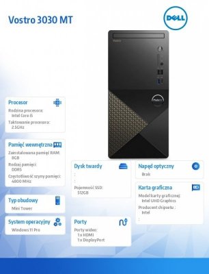 Dell Komputer Vostro 3020 MT Win11Pro i5-14400/8GB/512GB SSD/Intel UHD 730/WLAN+BT/Kb/Mouse/3Y PS